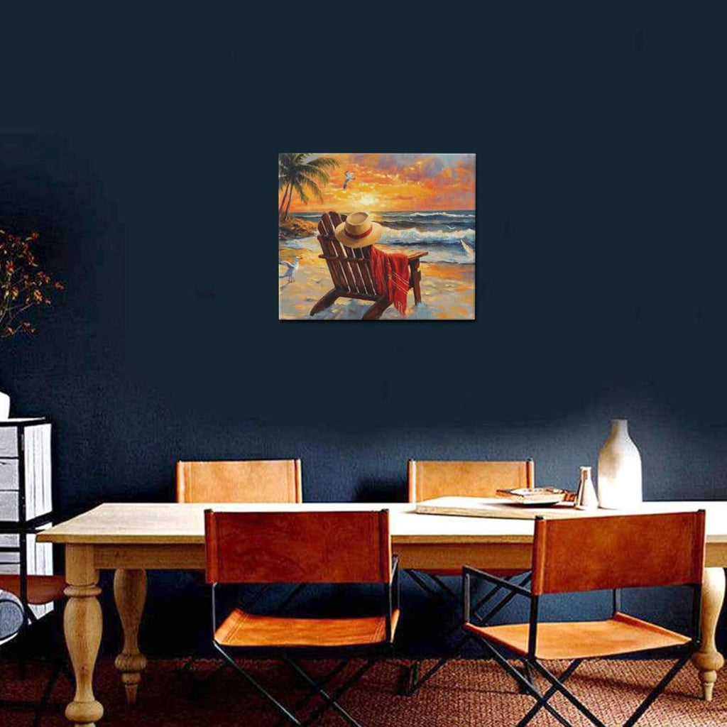 Beach Coastal Bathroom Pictures Wall Art, Seaside Ocean Bathroom Wall Decor, Sunrise Palm Framed Painting Canvas Artwork for Bedroom Living Room Decorations 24"L x 20"W