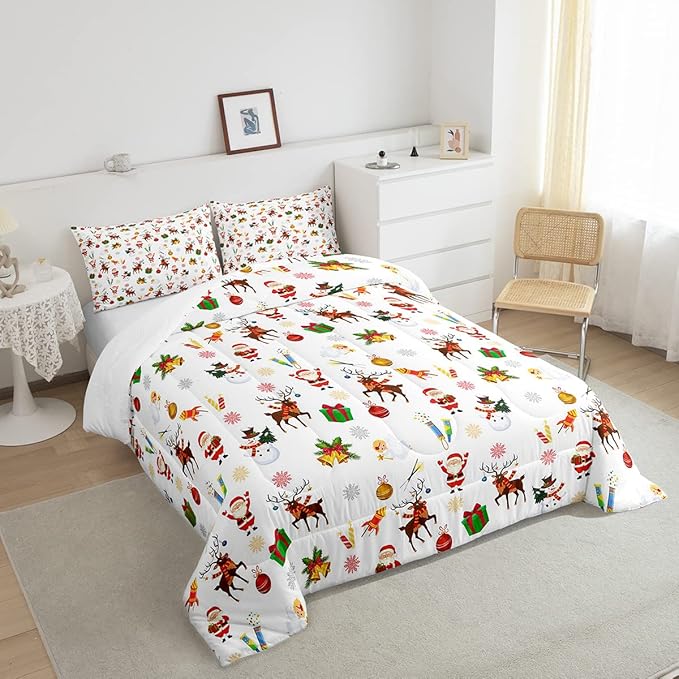 Feelyou Christmas Kids Comforter Set Cute Snowman Santa Claus Bedding Set Boys Girls Cute Reindeer Bells Cartoon Design Quilt Collection 3Pcs King Size