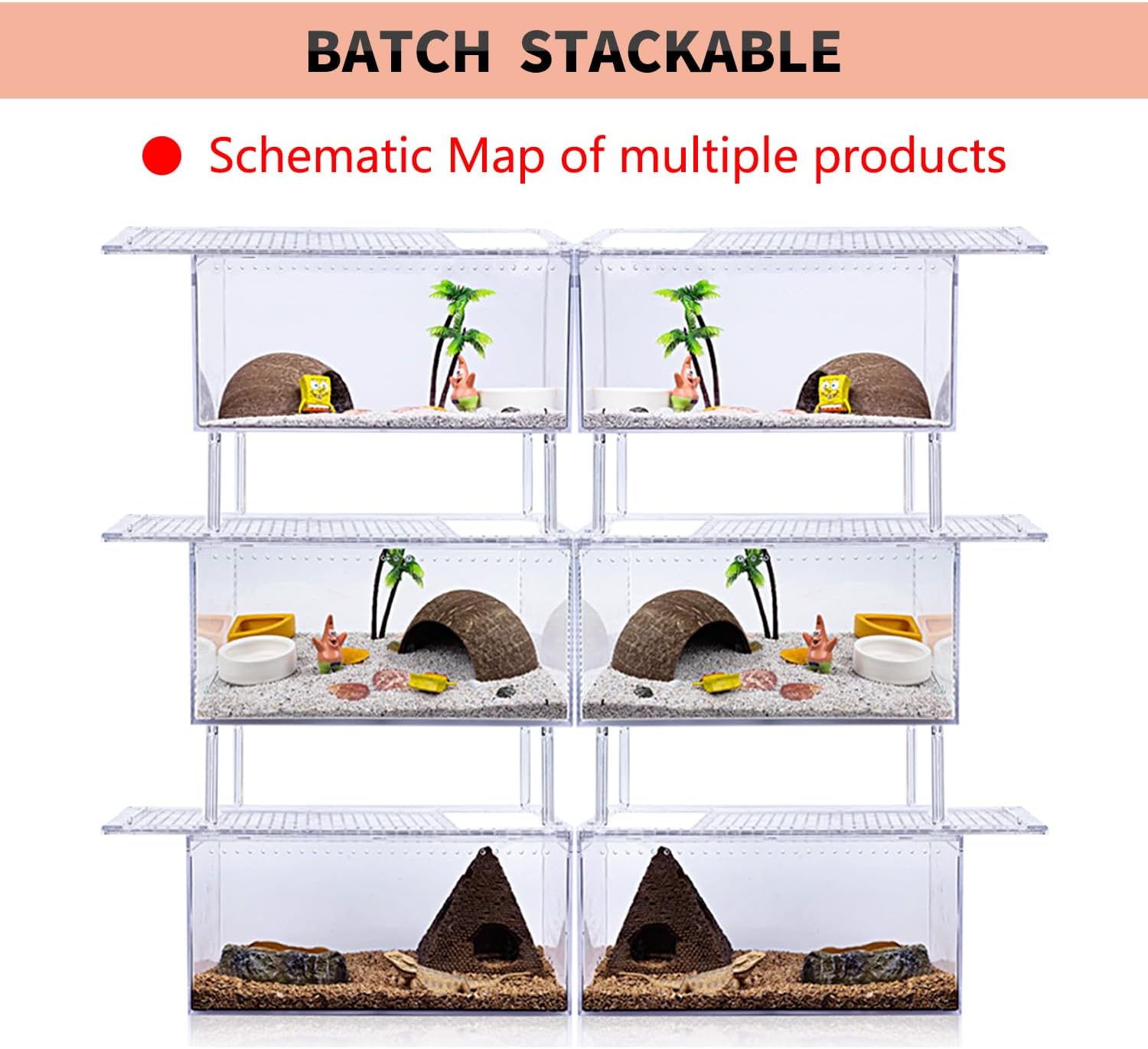 【No Assembly】 Reptile Tank Enclosure with Magnetic Button.12" * 8" * 6" Thicken Snake Enclosure Cage,Batch Stackable Reptile Breeding Tank for Insect,Fish,Tarantula,Hermit Crab,Jumping Spider