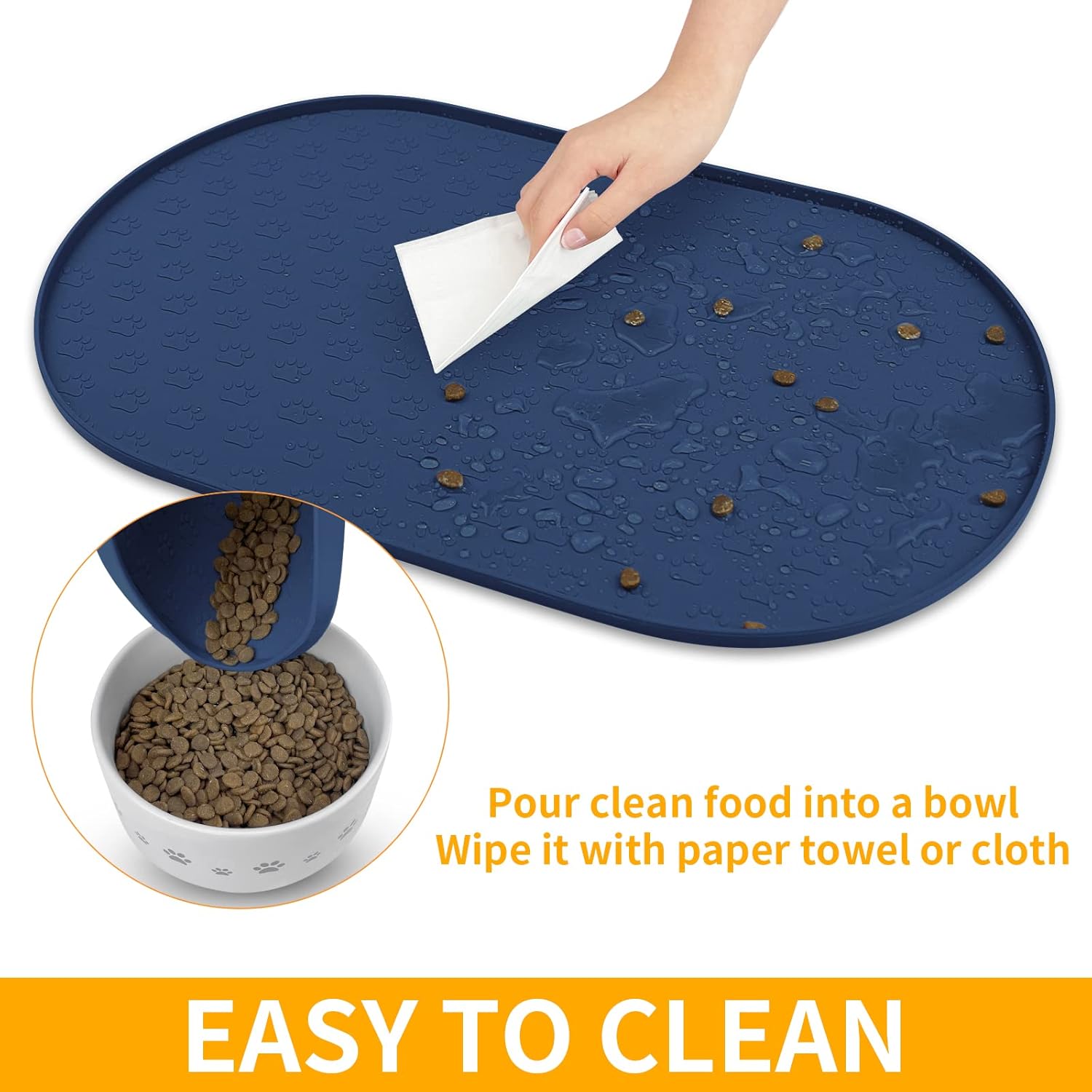 KPWACD Pet Feeding Mat for Dogs and Cats, Silicone Dog Placemat Non-Slip Waterproof Bowl Mats Prevent Food and Water Overflow, High-Lips Puppy Dish Tray Mat Suitable for Large Medium Small Pets, Navy