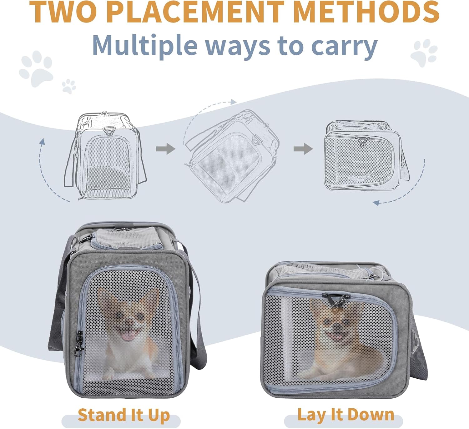 ‌Petsfit Airline Approved Pet Carrier for Small Dogs & Cats, 19x9x12 TSA Approved Carrier, with Removable Dual-Sided Padding (2-Way Placement) - Fits Under Most Airplane Seats, Escape Proof (Gray)