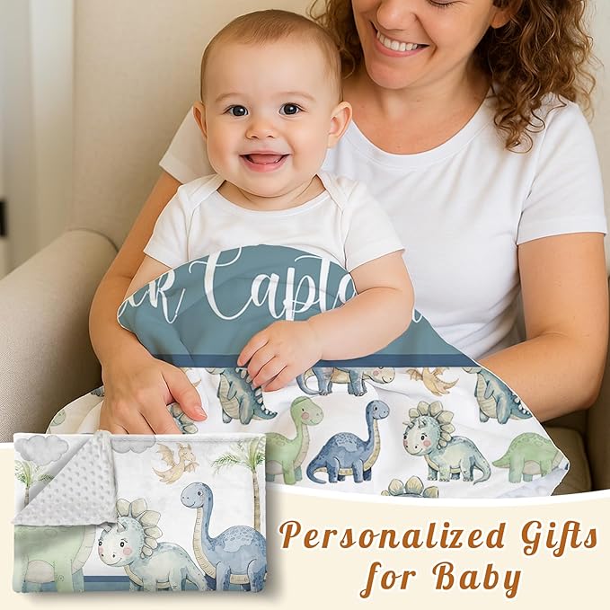 Personalized Baby Name Blanket for Boy Girl, Soft Flannel Blanket with Double Layer Dotted Backing for Newborn, Nursery Crib with Green Dinosaur Design, Baby Blanket Customized Gifts(30”x40)