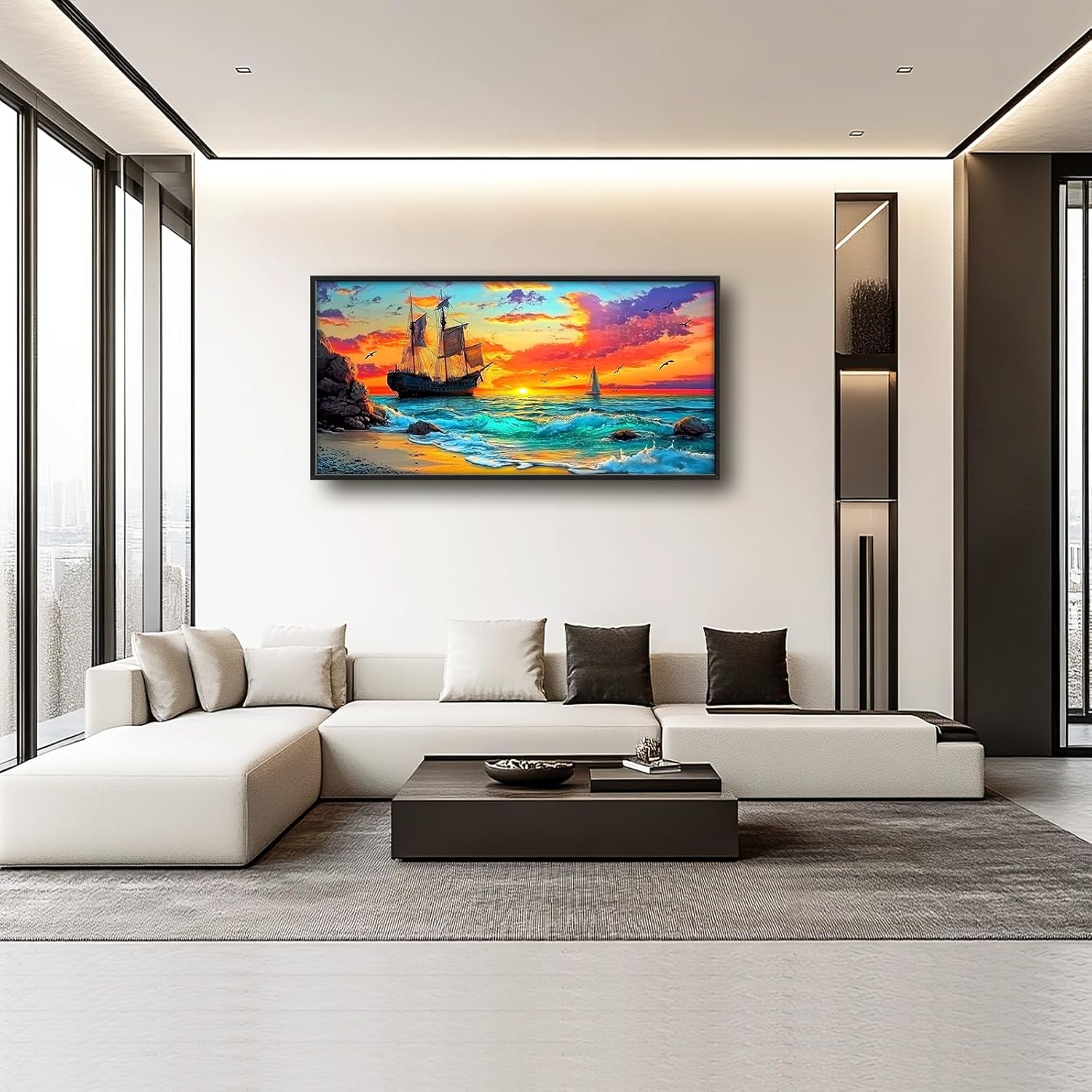 Framed Large Ship Wall Art for Living Room, Oversized Coastal Beach Boat Wall Decor Nautical Seascape Sailboat Canvas Painting Modern Artwork Home Decoration for Living Room Bedroom 60"x30"