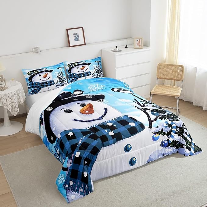 Feelyou Kids Christmas Theme Decorations Bedding Set Xmas Snowman Comforter Set for Boys Girls Snowflake Kawaii Cute Comforter Watercolor Blue Quilt Set Bedroom Collection Toddler Size