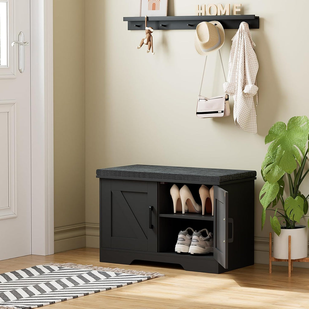 2-Tier Storage Bench, Shoe Bench with Padded Seat Cushion, Entryway Bench with 2 Barn Doors, Adjustable Shelf, 13.8" D x 27.6" W x 17.7" H, for Entryway, Living Room, Bedroom, Black
