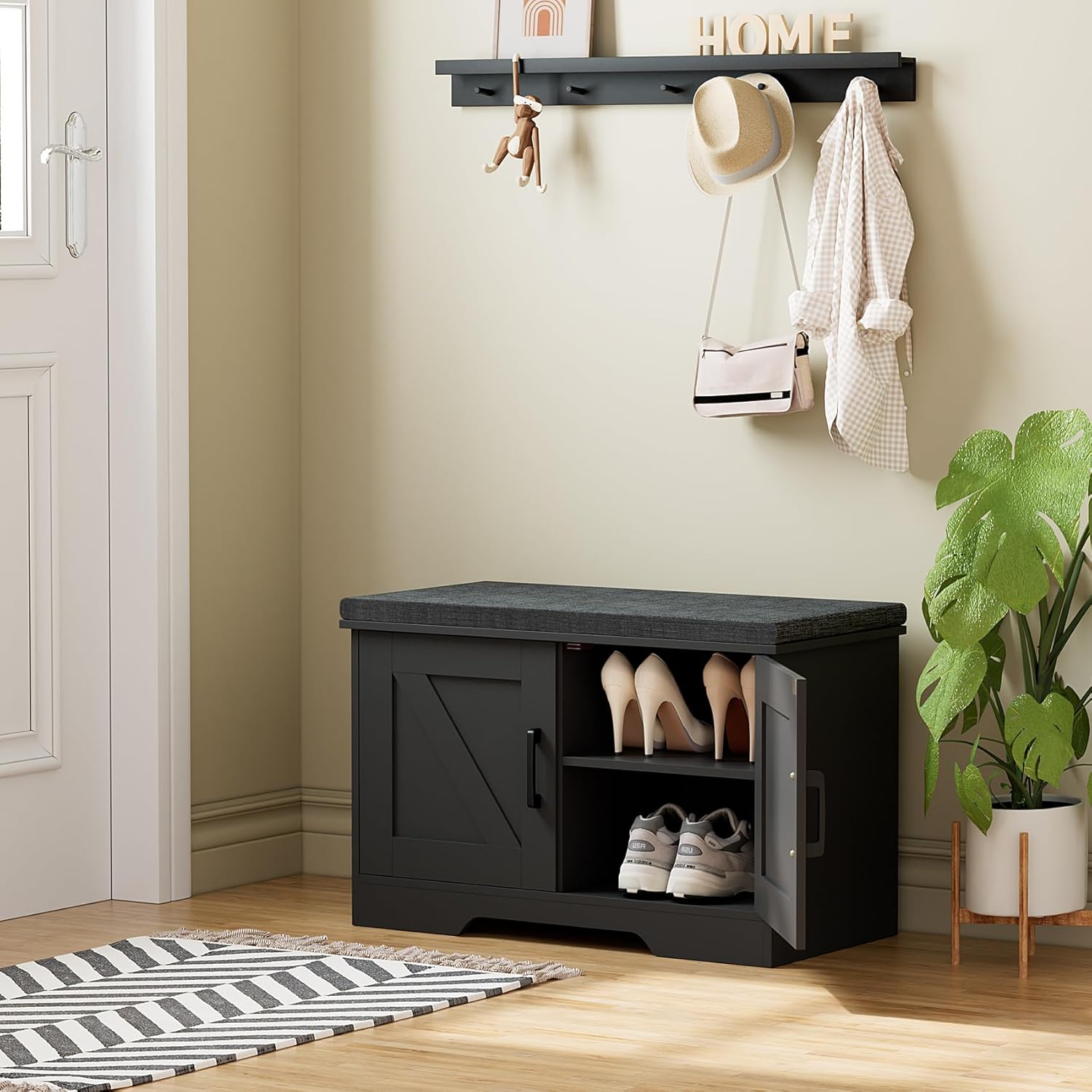 2-Tier Storage Bench, Shoe Bench with Padded Seat Cushion, Entryway Bench with 2 Barn Doors, Adjustable Shelf, 13.8" D x 27.6" W x 17.7" H, for Entryway, Living Room, Bedroom, Black