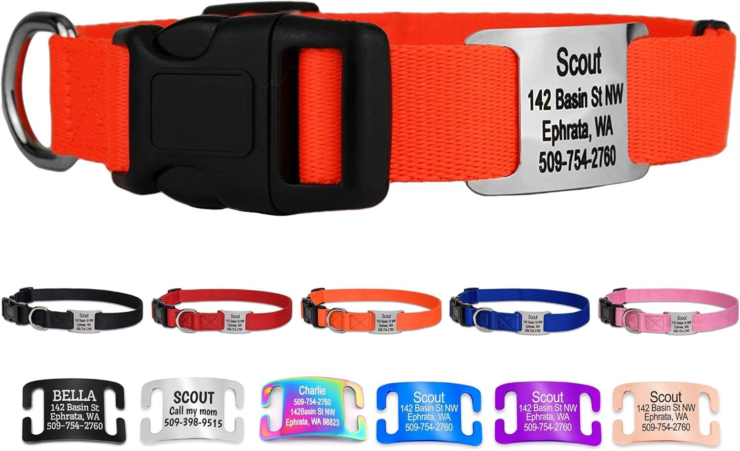 GoTags Personalized Dog Collar with Nameplate, Adjustable Dog Collar with Custom Engraved Slide On Pet ID Tag in Stainless Steel, Silent, No Noise Dog Tag for Large Medium and Small (Orange, Large)