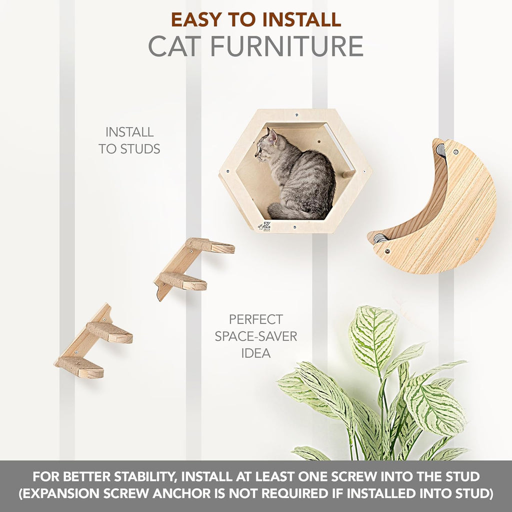 3-Piece Cat Wall Furniture Set - Hammock, Hexagon House, Climbing Steps - Wall Mounted Shelves, Perches, and Beds - Modern Design for Large Cats and Kittens & Spare Hammock Fabric Included