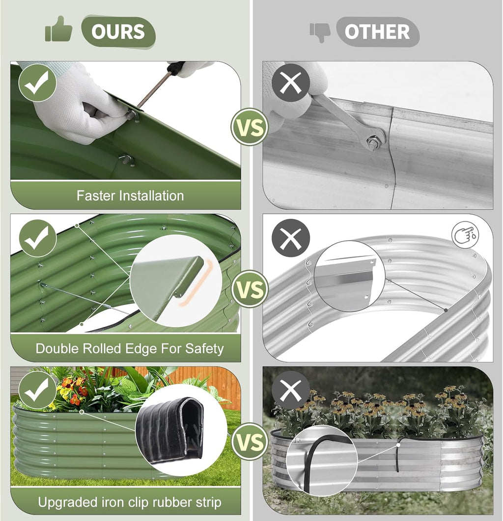 Galvanized Raised Garden Bed - 4x2x1.4FT Metal Planter Boxes Outdoor | Oval Steel Raised Bed Kit for Gardening with Protective Tape, Gloves for Vegetables, Flower, Herb (Green)