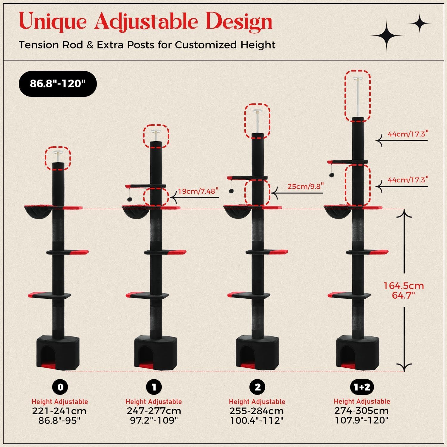 PAWZ Road Gothic Cat Tree, Floor to Ceiling Cat Tower with Adjustable Height (86.8-120 Inches), 5 Tiers Black Cat Condo with Cozy Hammock, Fully Scratching Posts and Dangling Balls for Indoor Cats