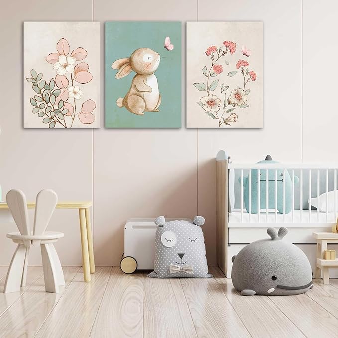 Dytila Framed Nursery Wall Art Set of 3, Pink Flower Botanical Pictures Wall Decor, Green Bunny Paintings, Cute Animal Canvas Prints for Girls and Boys Kids Room, Baby Room Decor 12x16 Inches