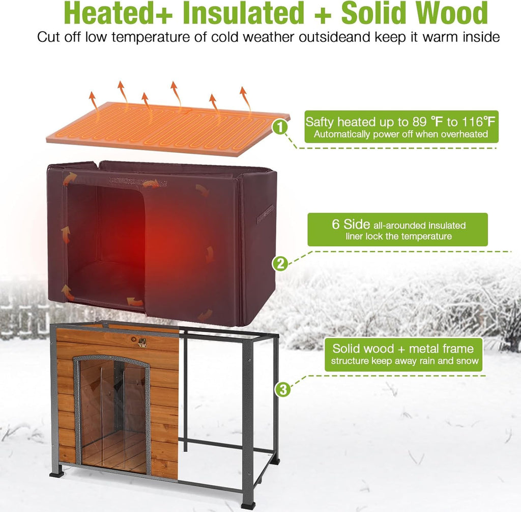 GUTINNEEN Heated Dog House Outdoor 35.5" Large Dog Kennel with Metal Frame Insulated Dog Crate Cage for Large Dogs Outside with Heater and Insulated Liner, Brown
