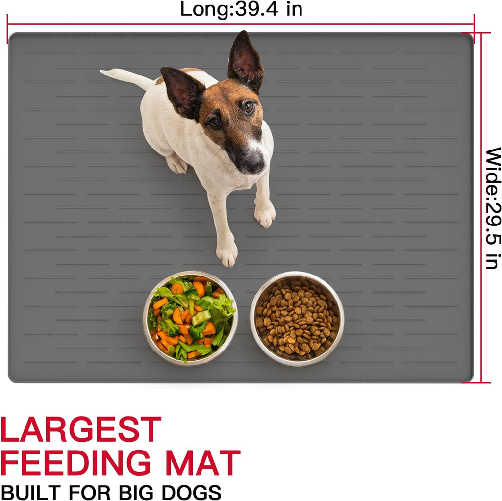 39.4"x29.5" Large Pet Food Mat, Silicone Dog Mats for Food and Water, Nonslip Pet Feeding Mats for Floors,Dog Cat Bowl Mat with Raised Edges, Dark Gray