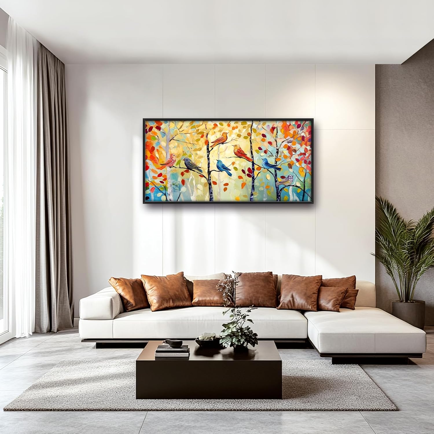 Extra Large Framed Abstract Bird Forest Wall Art,Colorful Birds Birch Tree Wall Decor Pictures for Living Room,Canvas Print Painting Modern Artwork Bedroom Office Bathroom Home Decor 60L x 30W