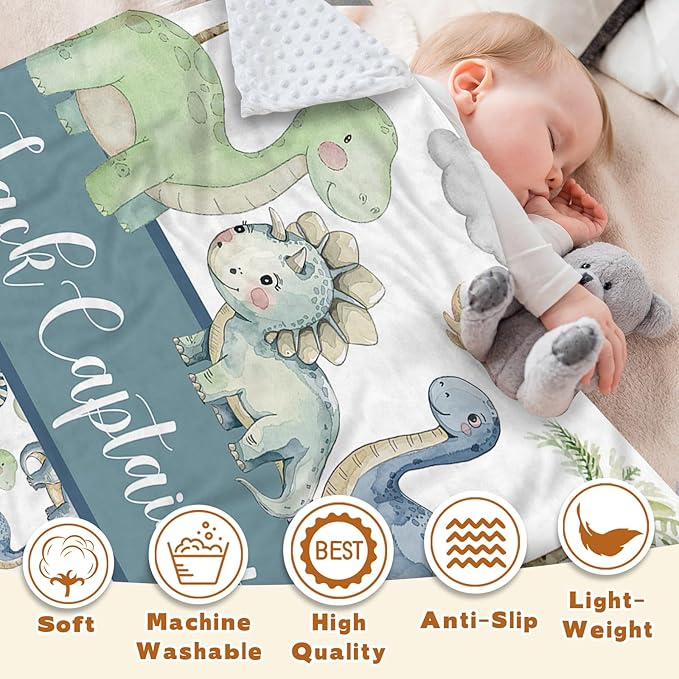 Personalized Baby Name Blanket for Boy Girl, Soft Flannel Blanket with Double Layer Dotted Backing for Newborn, Nursery Crib with Green Dinosaur Design, Baby Blanket Customized Gifts(30”x40)