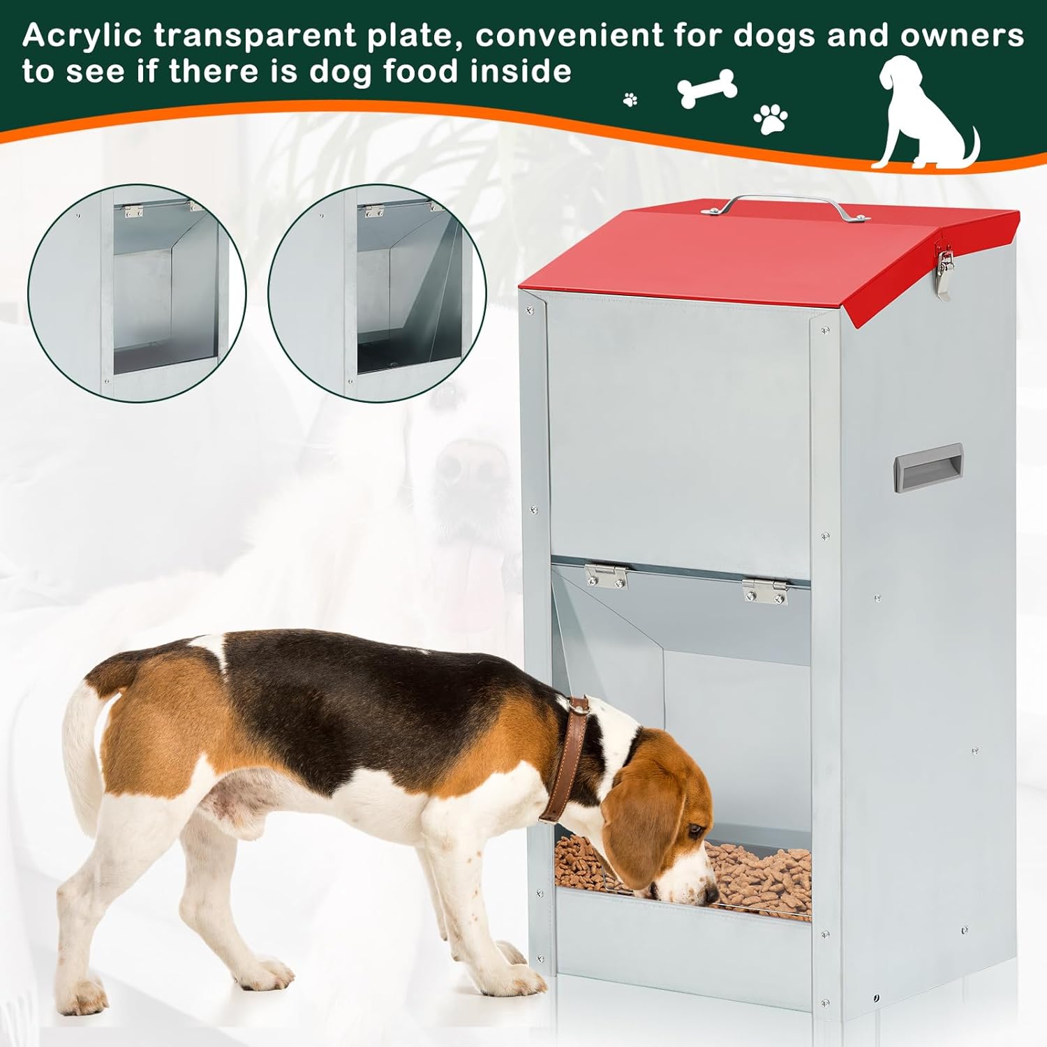 2 Pcs 50 Lbs Large Automatic Dog Feeders with Handle Acrylic Panel Galvanized Gravity Feeder Outdoor Hanging for Doggie Breed Dog Food Dispenser Container(Red)