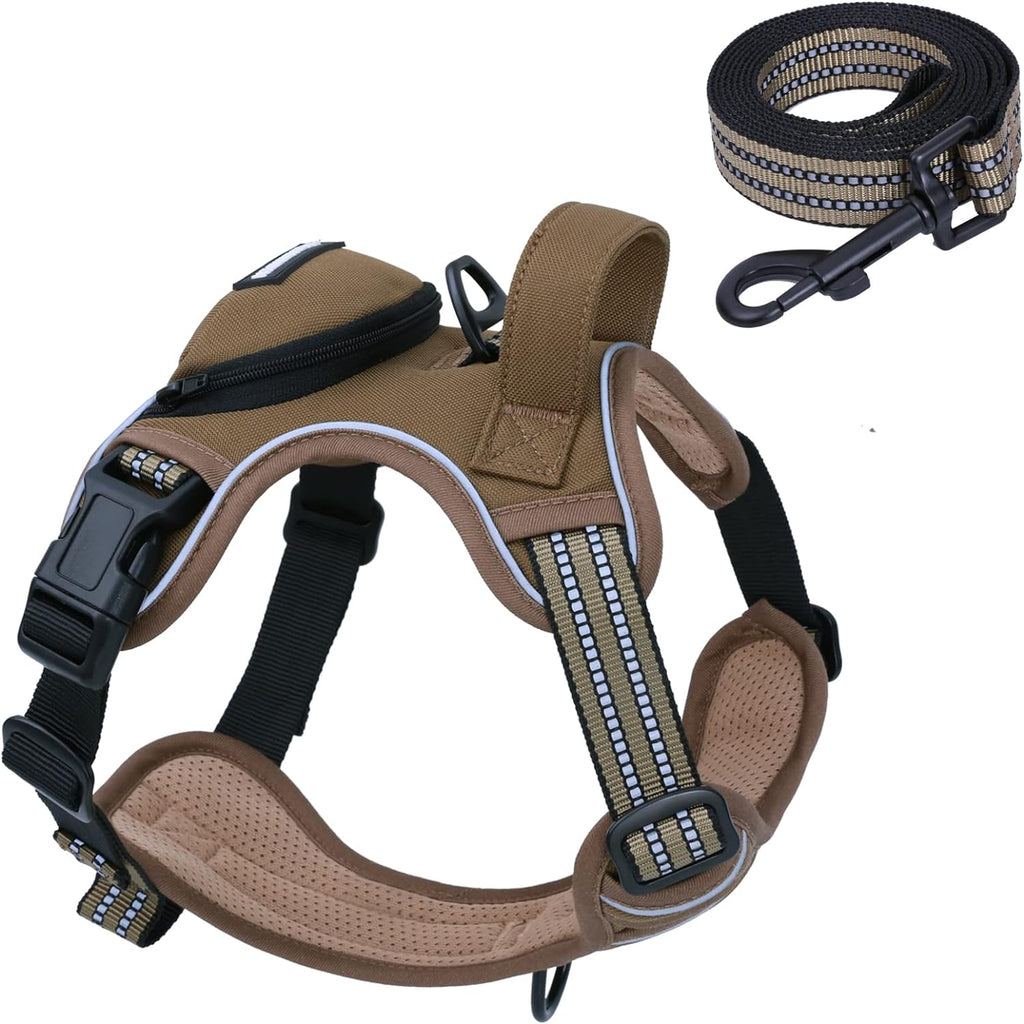 No Pull Dog Harness for Small Dogs, Adjustable No Choke Pet Vest with Dog Leash Fit Smart Reflective Pet Walking Harness for Training Easy Control Soft Handle Brown S