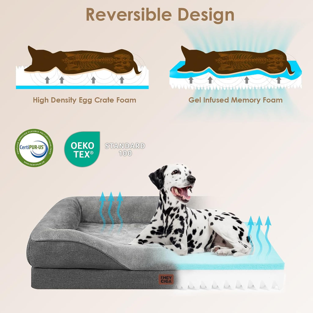 EHEYCIGA Memory Foam XL Dog Bed for XLarge Sized, Extra Large Orthopedic Dog Sofa with Sides and Waterproof Liner, Washable Bolster Pet Couch with Removable Cover, 48x35x7.5 Inch, Grey