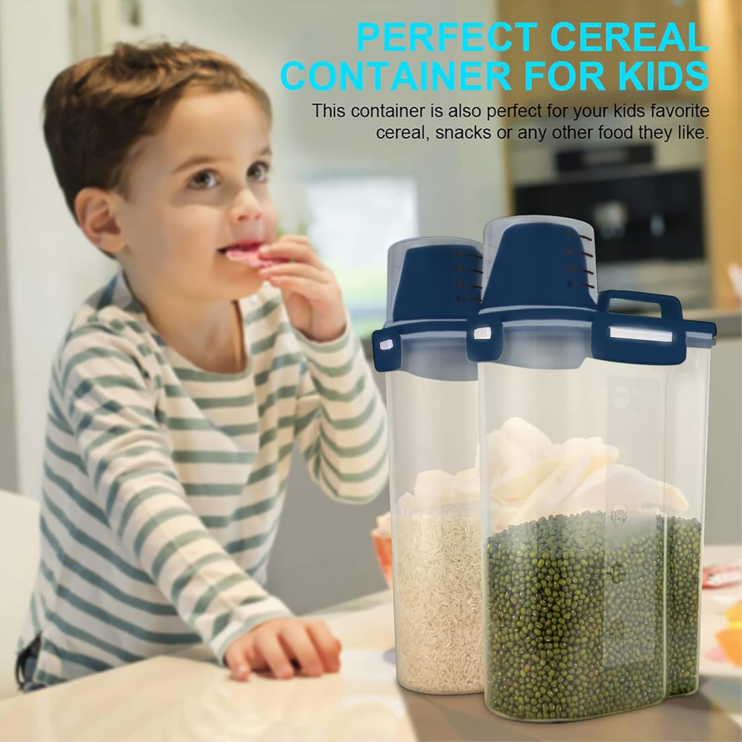 Rice Airtight Dry Food Storage Containers, BPA Free Plastic Storage Bin Dispenser with Pourable Spout, Measuring cup for Cereal, Flour and Baking Supplies Blue