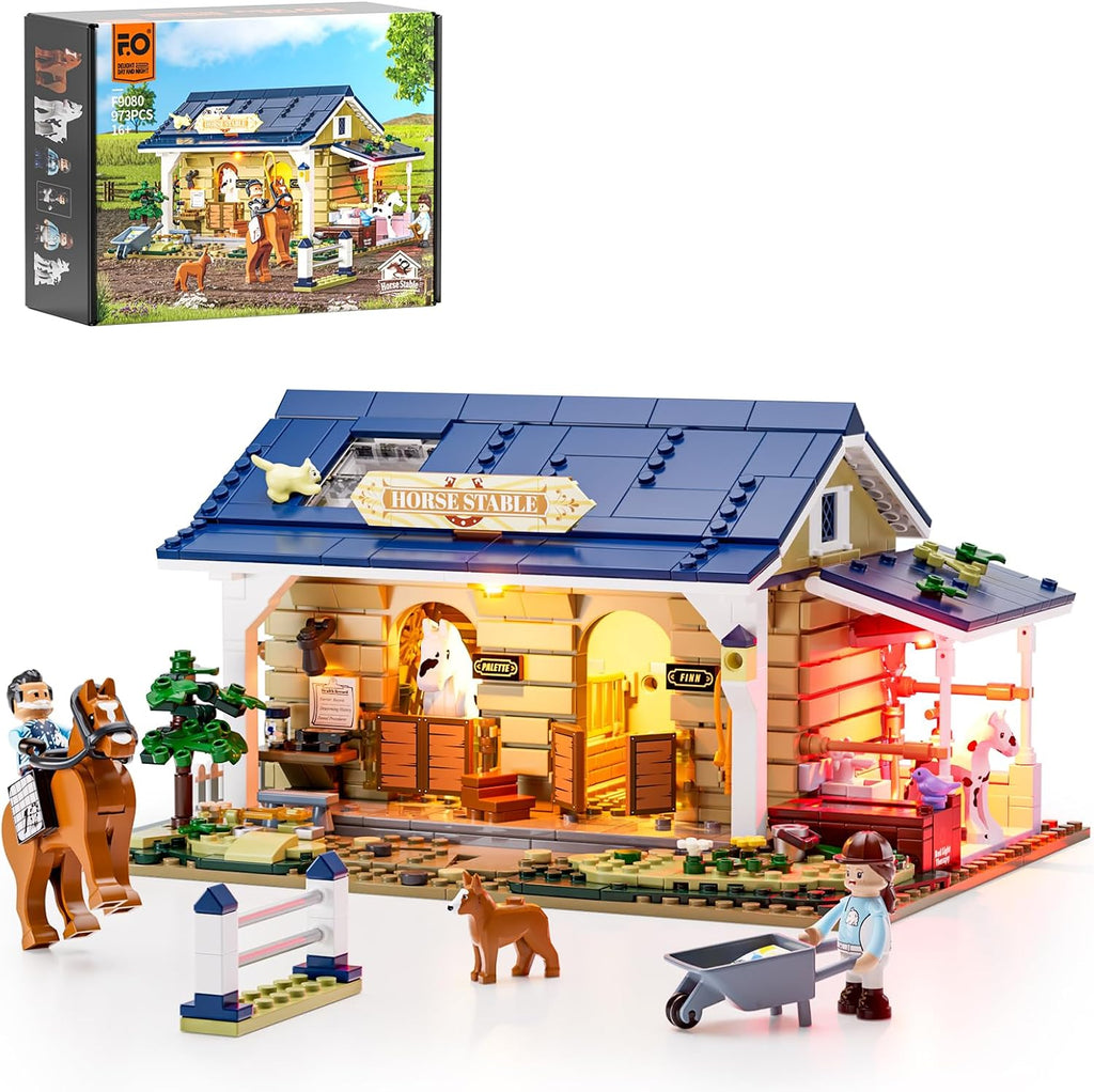 FUNWHOLE Farm Horse-Stable Lighting-Building-Bricks Set - Farm Life Horse Animals Cabin Collection LED Light Cottage Model Display Set 973 Pcs for Adults and Teen