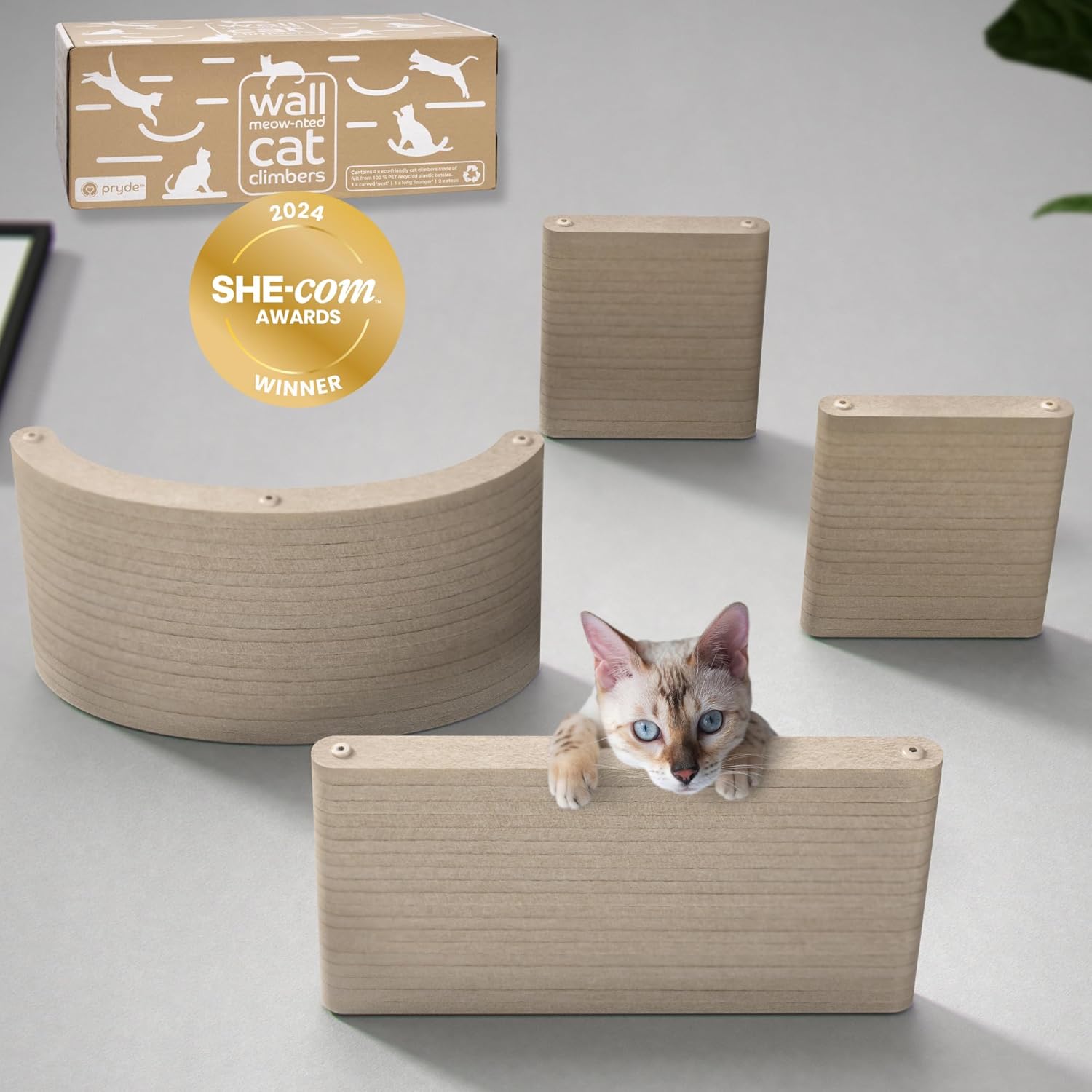 Wall Mounted Cat Shelves (Set of 4) by Pryde Pets - 100% Sustainable PET Felt Feline Enrichment Climber Furniture for Small & Large Indoor Cats, Modern Climbing Gym Jungle Design (Oatmeal)