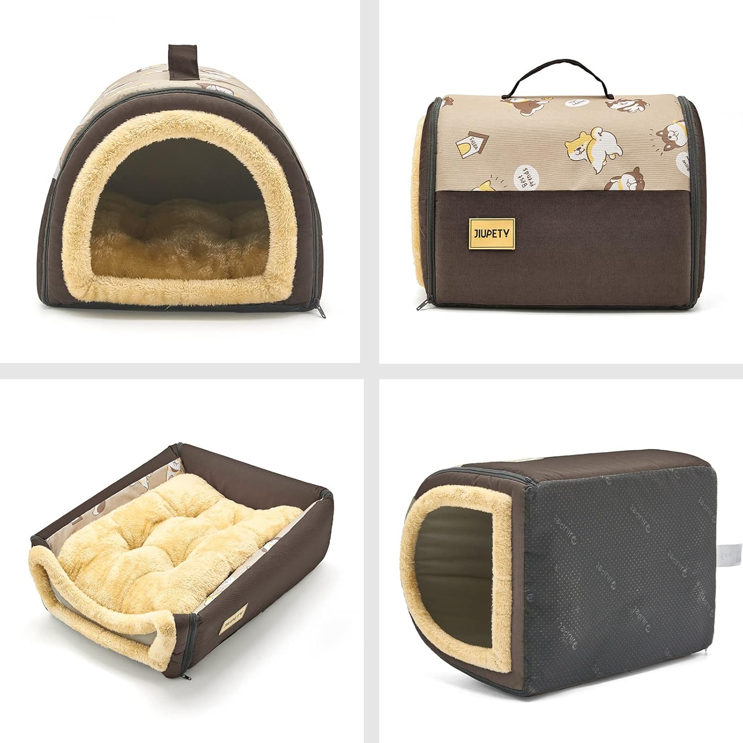 Jiupety Cozy Small Pet Dog House, 2 in 1 Puppy House, S Size for Cat and Puppy, Warm Cave Sleeping Nest for Cats and Dogs, S(15"×12"×11"), Up to 5.5 Lb, Brown