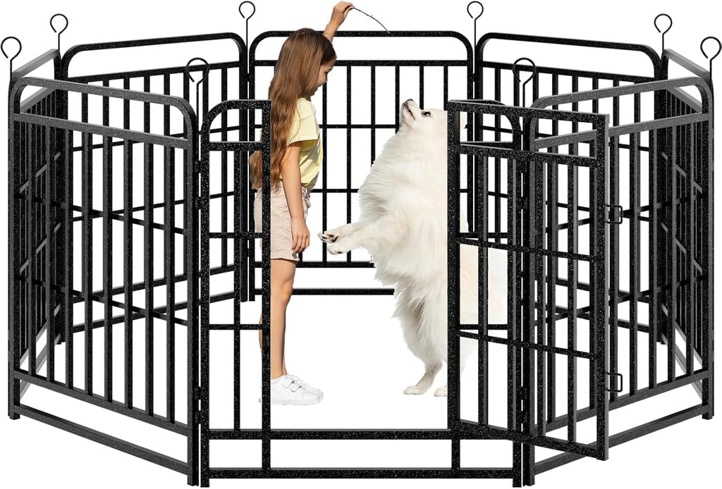 Dog Playpen Outdoor 8 Panels Heavy Duty Dog Fence 32" Height with Thick Pipe Anti-Rust with Doors Portable for RV Camping Yard, Total 18FT, 25 Sq.ft, Snowy Black