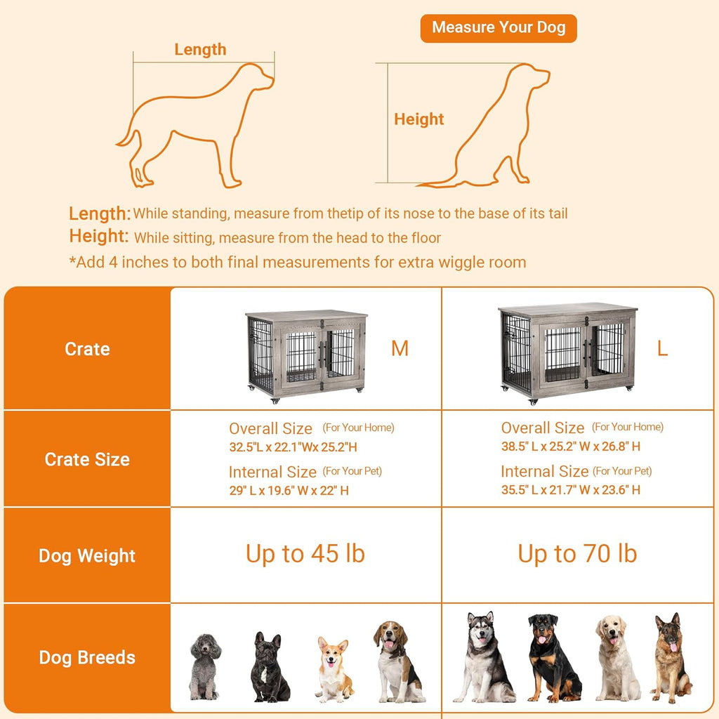 Lulive Dog Crate Furniture for Medium Dogs, 32'' Dog Kennel Indoor with Cushion & Wheels Wooden Dog Cage Double Doors Dog Crate End Table, Grey