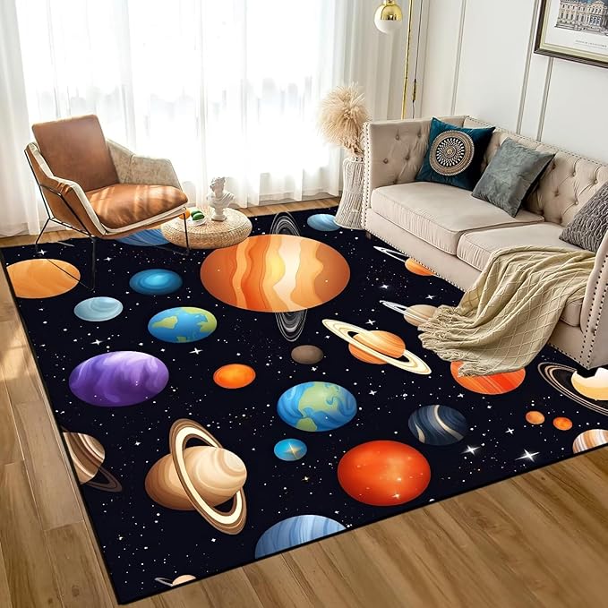 Space Rug for Kids Room Rugs Cartoon Stars Carpet Galaxy Planet Printed Throw Rugs for Boys Children Bedroom Living Room,39 in x 79 in