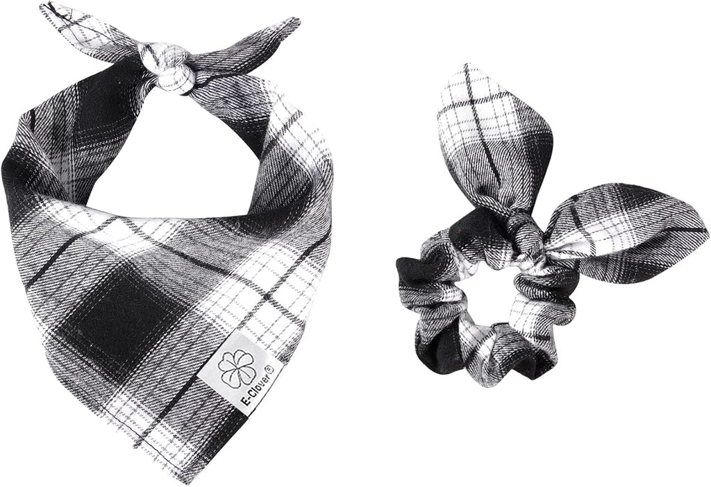E-Clover Plaid Dog Scarf & Matching Scrunchie Set - Triangle Pet Bandana Bibs for Small Dog Puppy Owner Birthday Gifts - Black & White