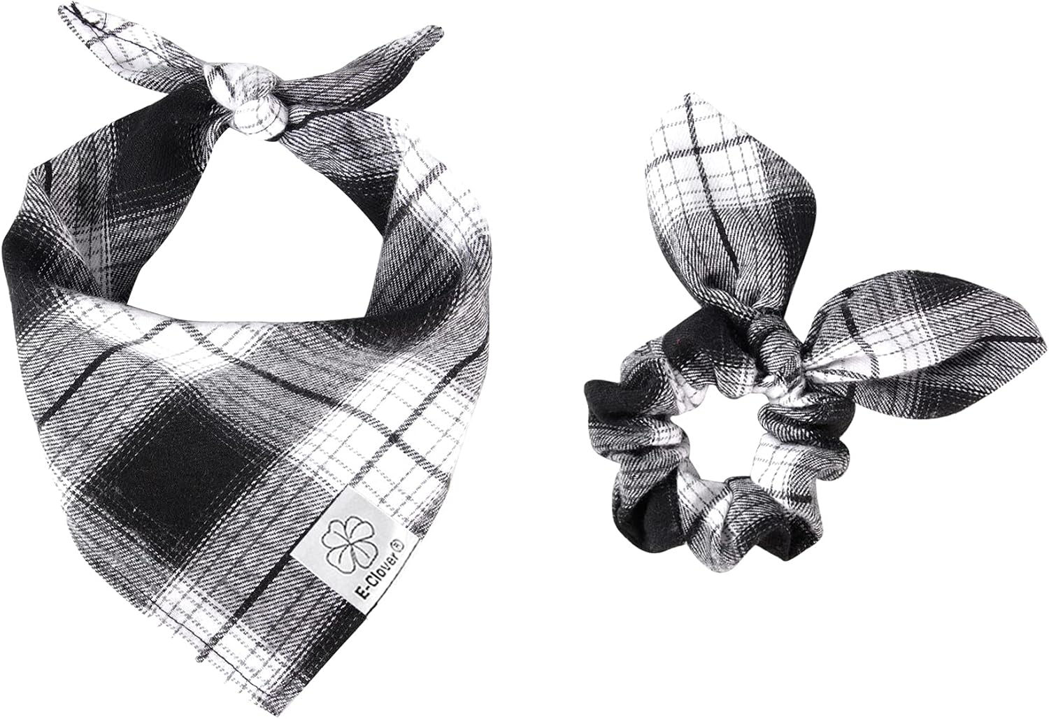 E-Clover Plaid Dog Scarf & Matching Scrunchie Set - Triangle Pet Bandana Bibs for Small Dog Puppy Owner Birthday Gifts - Black & White