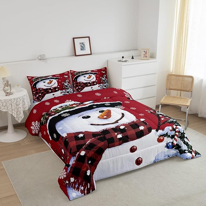 Feelyou Kids Christmas Theme Decorations Bedding Set Xmas Snowman Comforter Set for Boys Girls Red Bedroom Collection King Size