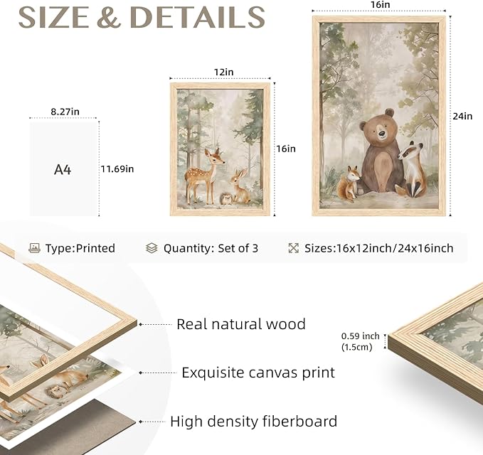 Cyebmo Woodland Animals Wall Art Set of 3, Baby Boy Wild Forest Animals Wall Decor, Deer Bear Fox Canvas Painting, Neutral Aesthetic Pictures for Kids Room Benroom Nursery Wood Framed 16"x24"x3