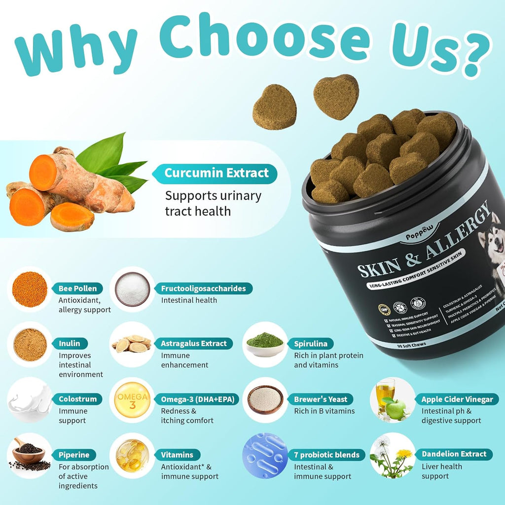 Dog Skin & Allergy Chews - Dog Probiotics for Sensitive Skin Health Support - Allergy Relief - Support Seasonal Allergies, Immune & Gut & Digestive Health Supplement - Chicken Flavor - 90 Count