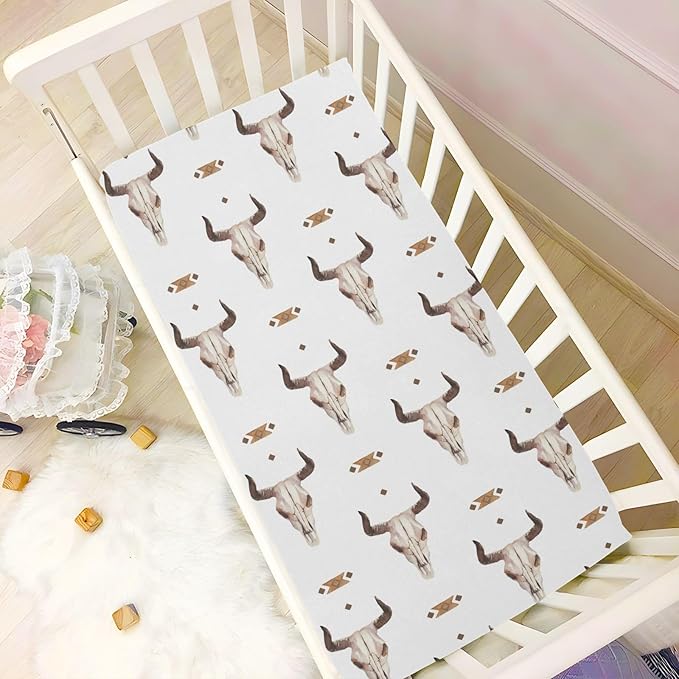 Western Bull Skull Crib Sheets Soft Breathable Fitted Baby Crib Sheets Mattress Cover for Girl Boys, 52" x 28" x 9"