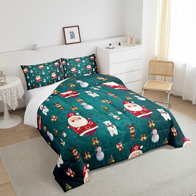 Christmas Comforter Set Cute Snowman Santa Claus Kids Decorations Bedding Set Boys Girls Bear Rabbit Comforter Christmas Bells Design Teal Blue Quilt with 1 Pillowcase 3Pcs Bedding King