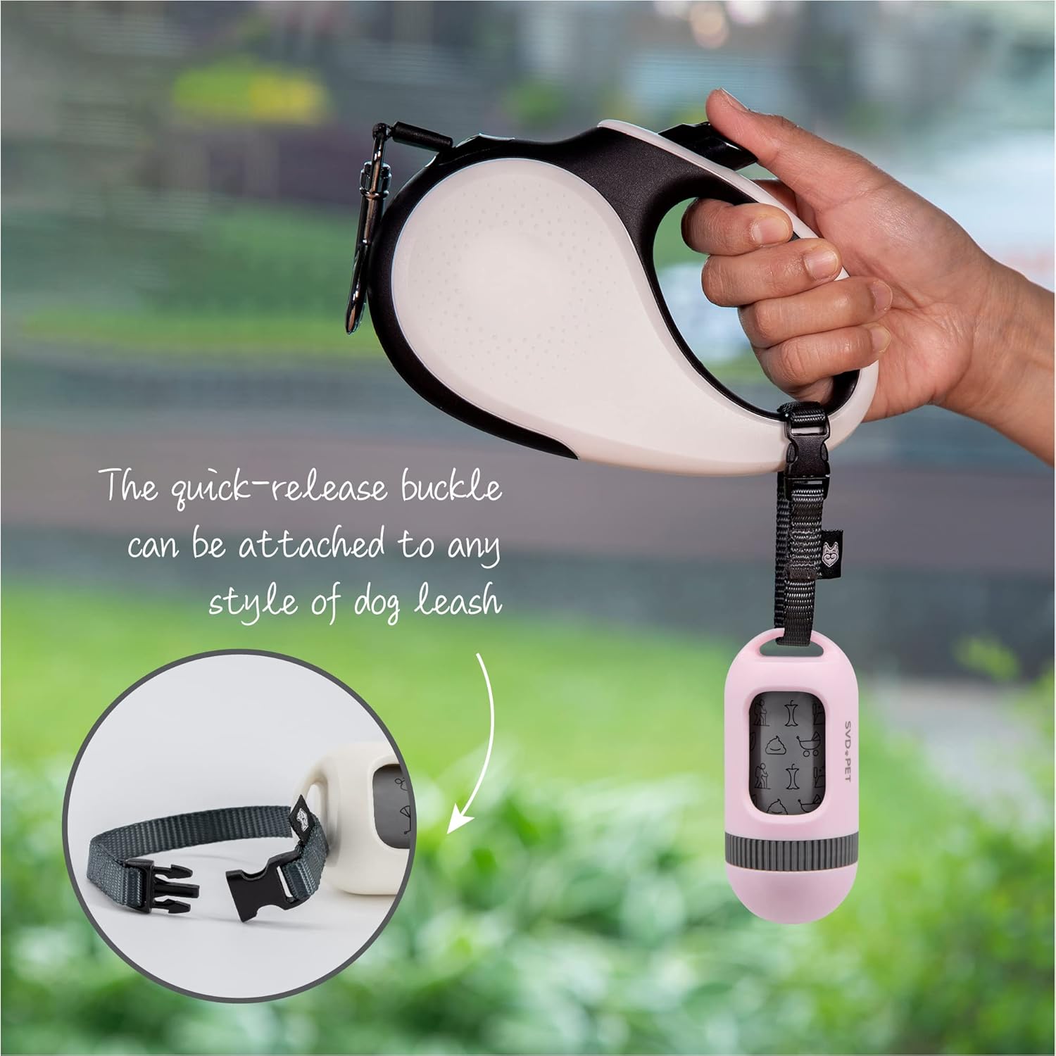 SVD.PET [2-Pack] Retractable Waste Bag Dispensers Gift Set, 2 Pet Waste Bag Holders with 60 large Waste Bags, Dog Walking Accessory Gift Value Pack (Black & Primrose Pink)