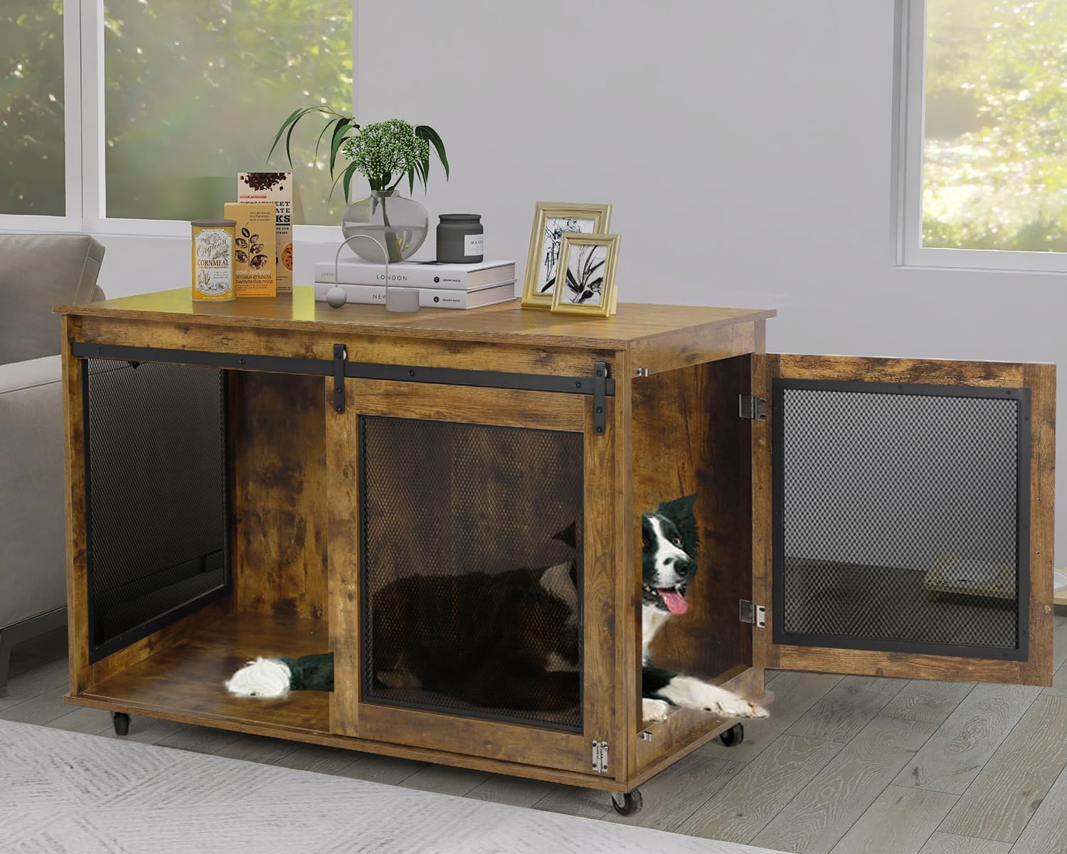 LINLUX 47 Inch Large Dog Crate Furniture, Wooden Heavy Duty XL Dog Kennel Indoor, Decorative Dog Cage Table for Large Dogs, with Sliding Doors, Wheels and Flip-top Plate, Rustic Brown