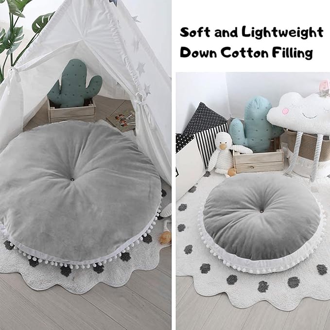 Large Kids Floor Cushion Seating, Circle Kids Floor Pillow for Children, Round Playroom Pillows Reading Nook Big Pillow, Oversized Pillow Mat for Kid Seating Teepee Nursery Canopy, Grey