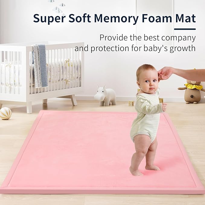 ACOMOPACK Baby Play Mat for Floor 1.3" Thick Memory Foam 50x50 Soft Velvet Playpen Mat for Kids,Infants,Toddlers,Tummy Time Crawling Mats with Non-Slip Bottom,Yoga,Tatami,Nursery Rug（Pink）