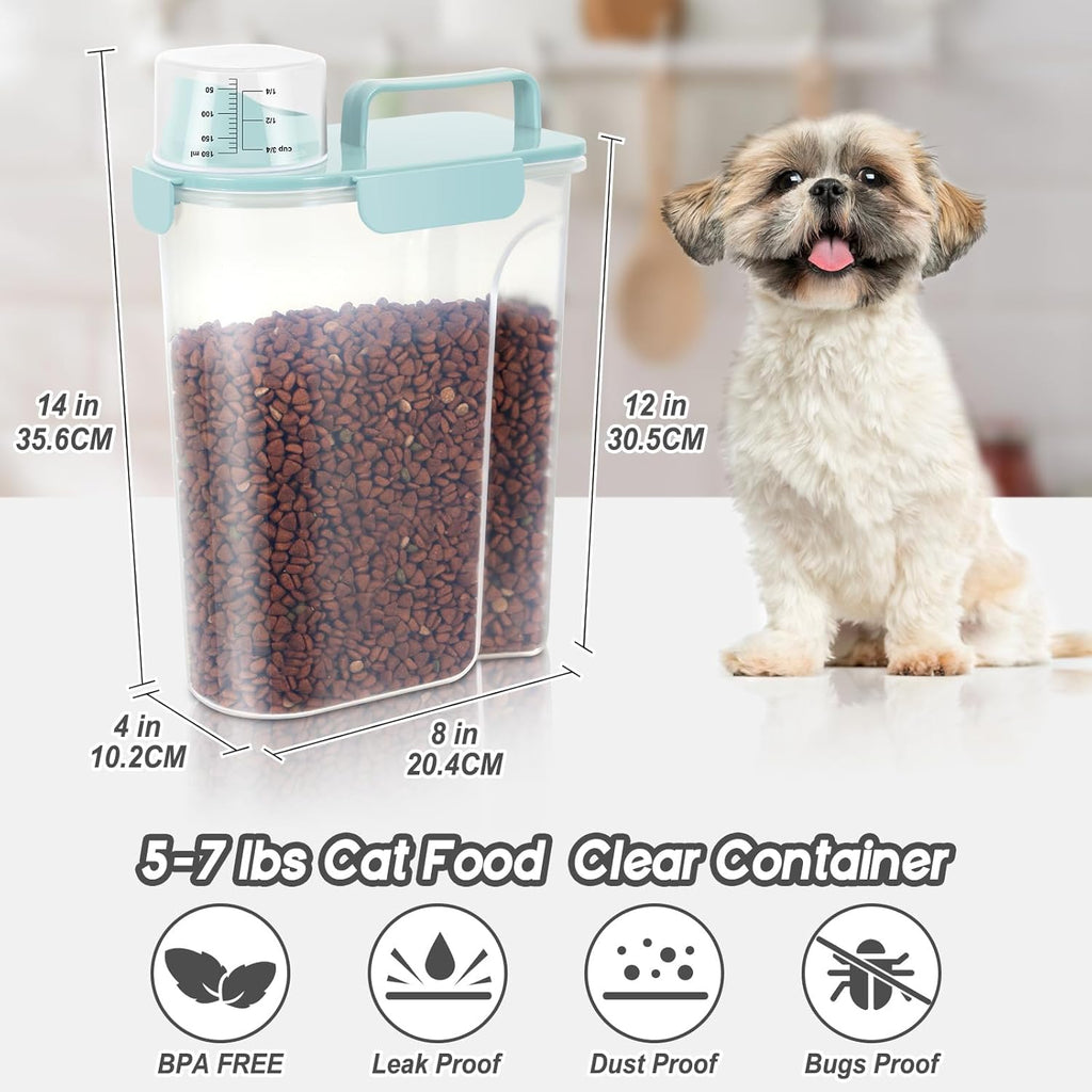 5-7Lbs Cat Dog Storage Container, Portable Pet Food Containers with Upgraded Large Spout and Cup, Small Animal Kibble Dispenser for Bird Seed, Oatmeal, Rice, Flour (2, Sky Blue, 5L)