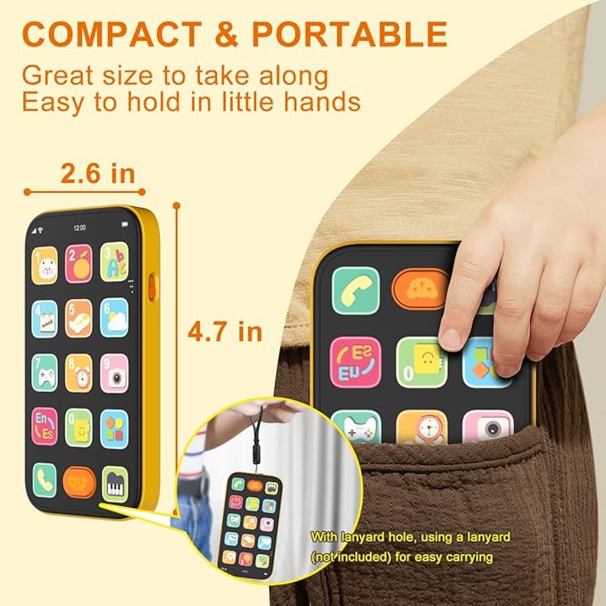 Bilingual Baby Phone with Sounds and Light, English/Spanish, Fun Early Learning Kids Smart Phone Toy for 6-12 Months, Gift for 1 Year Old Boys Girls Toddler Infant, Orange