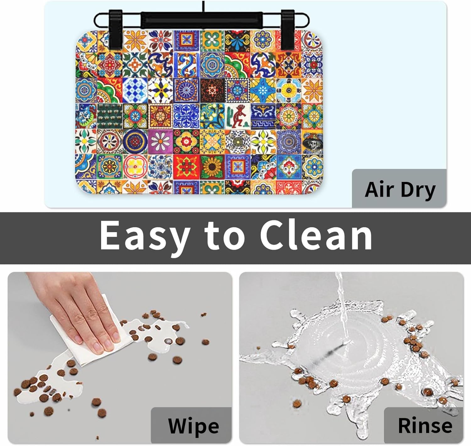 Bohemian Chic Floral Dog Food Mat Absorbent Bowl Mats No Stains Quick Dry Waterproof Pet Cat Placemats for Food and Water, 30x45cm