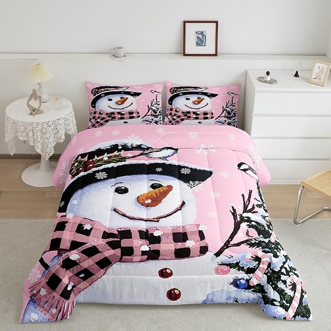 Feelyou Kids Christmas Theme Decorations Bedding Set Xmas Snowman Comforter Set for Boys Girls Snowflake Kawaii Cute Comforter Girly Pink Quilt Set Bedroom Collection Toddler Size