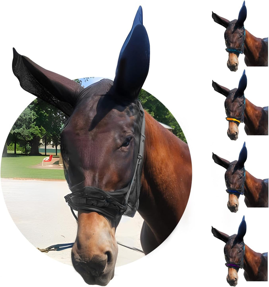 Donkey Fly Mask with Long Ears (Black) Half Hoodie for Standard Donkey, Made in USA - Mule Fly Mask with Ears Protection from Insects and Bugs, Face Cover Soft Mesh Fabric with Adjustable Fastener