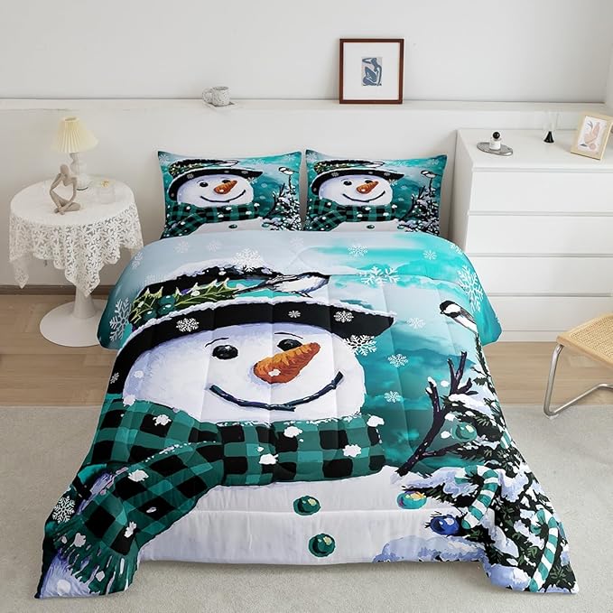Feelyou Kids Christmas Theme Decorations Bedding Set Xmas Snowman Comforter Set for Boys Girls Snowflake Kawaii Cute Comforter Watercolor Teal Quilt Set Bedroom Collection Toddler Size