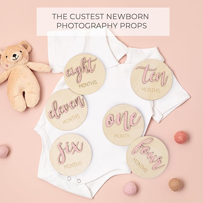 Monthly Baby Girl Milestone Circles: Newborn Milestone Age Wooden Cards from 1-12 Months - Birth One Month Markers Discs for Girls Photo Props