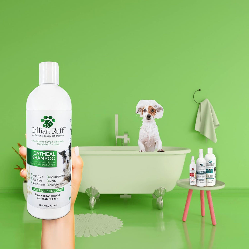 Lillian Ruff Calming Oatmeal Pet Shampoo for Dry Skin & Itch Relief with Aloe & Hydrating Essential Oils - Replenish Moisture & Deodorize - Gentle Dog Shampoo for Normal/Sensitive Skin (16oz & Brush)