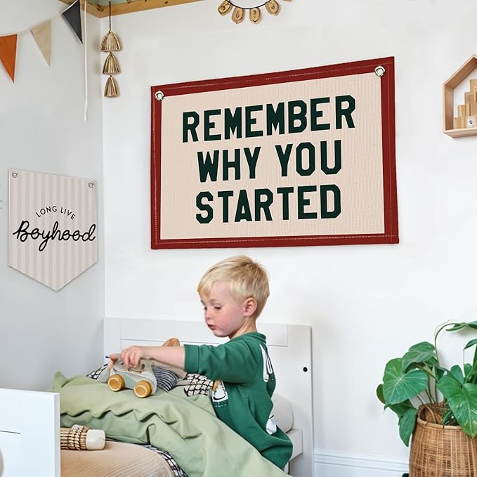 Lacama Inspirational Nursery Kids Room Wall Decor, Remember Why You Started Wall Hanging Canvas Banner, Vintage Motivational Pennant Flag Posters for Kids Boy Girl Bedroom Playroom Decor 30x20 Inch
