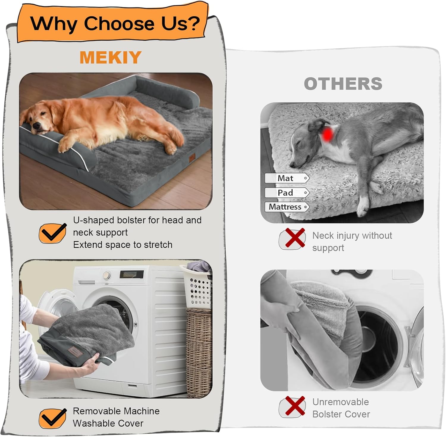 Large Dog Bed Orthopedic Washable - Memory Foam - XXL Large Big Dogs - Beds Bolster Pet - Couch Sofa - Waterproof with Removable Cover - Dark Grey Dog Bed